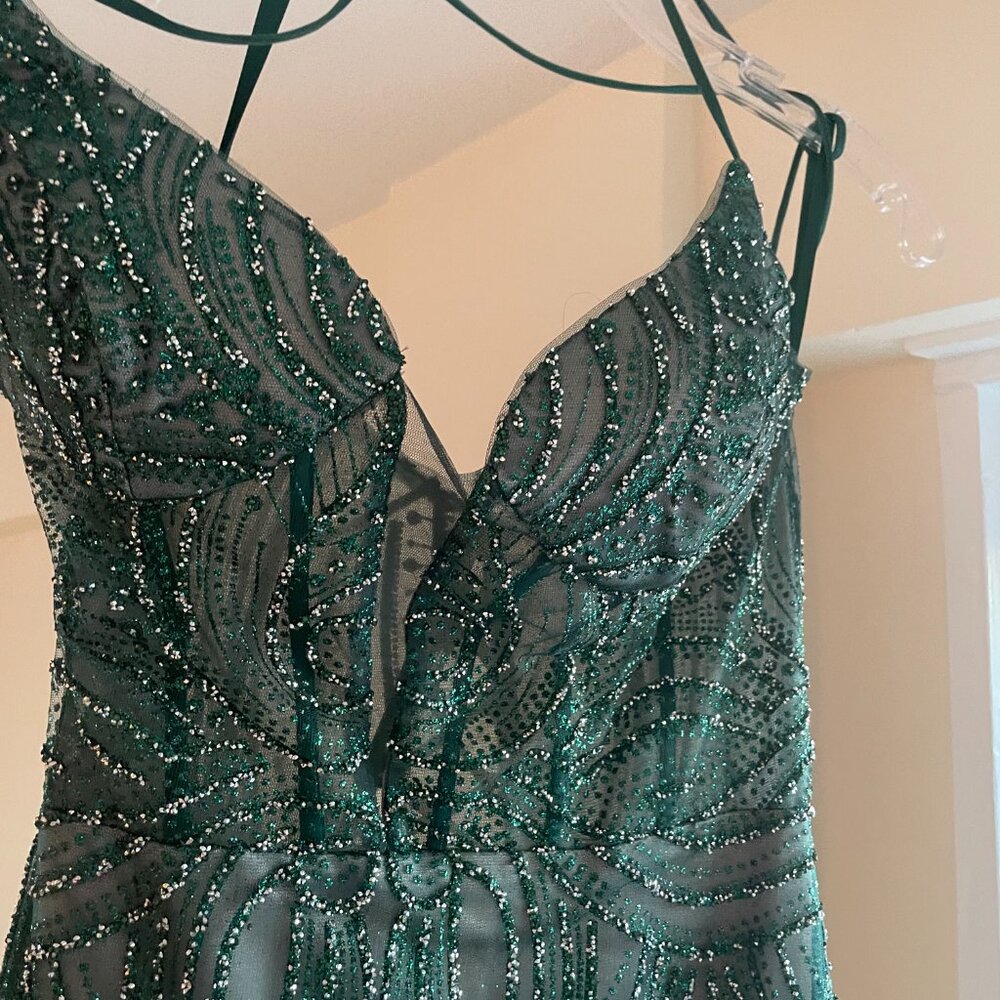 Emerald Sequin & Feather Gown Size 14, Worn Once - image 2